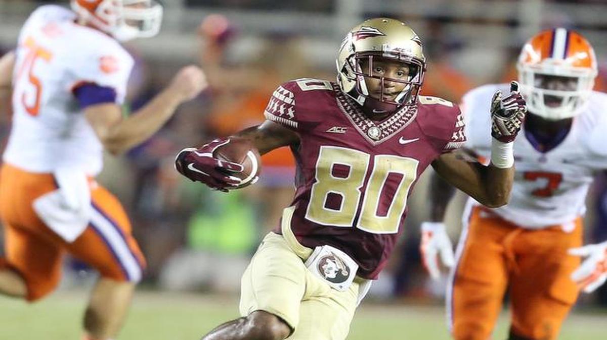 
Florida State wide receiver Rashad Greene (80) runs after a catch against Clemson during the first half at Doak Campbell Stadium in Tallahassee, Fla., on Saturday, Sept. 20, 2014. 
