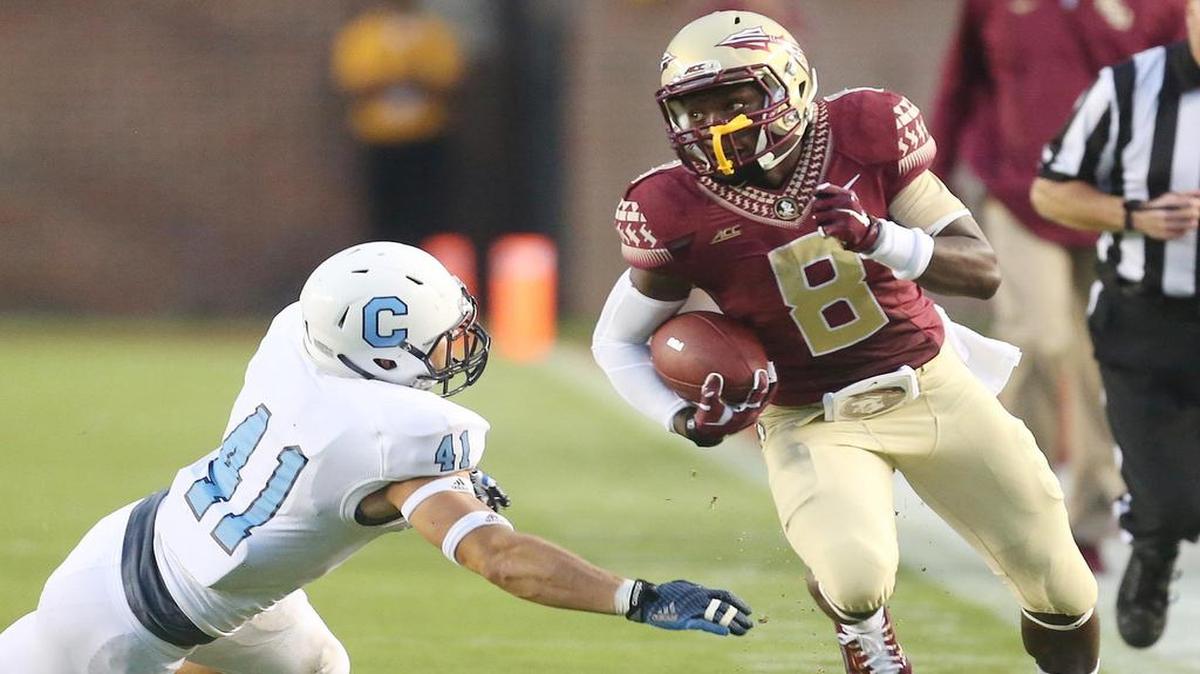 
FSU wide receiver Kermit Whitfield outruns Citadel defensive back Walker Smith (41).
