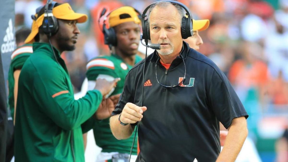 Miami Hurricanes head coach Mark Richt works on the sidelines during the Virginia game at Hard Rock Stadium on Saturday, Nov. 18, 2017.