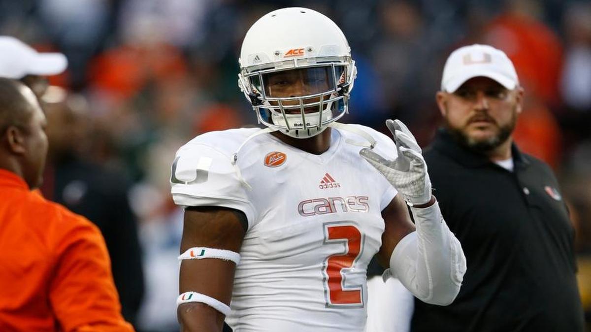 
Miami defensive back Deon Bush (2) photographed before an NCAA college football game against Cincinnati, Thursday, Oct. 1, 2015, in Cincinnati. 
