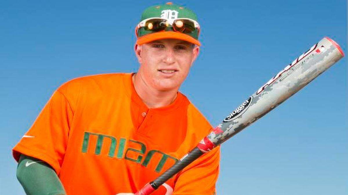 
Zack Collins, pictured earlier this season, homered and tripled to help UM defeat Florida Gulf Coast 7-3 on Wednesday, March 4, 2015 at Mark Light Field. 
