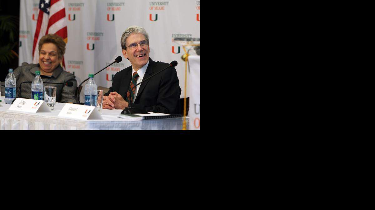 
University of Miami President Donna Shalala, left, sits beside soon-to-be-president Julio Frenk at a press conference on Monday, April 13, 2015.
