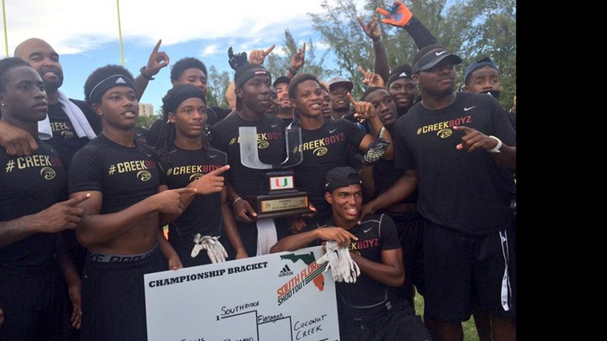 
Players from Coconut Creek celebrate after winning UM’s first 7-on-7 football tournament on campus on May 31.
