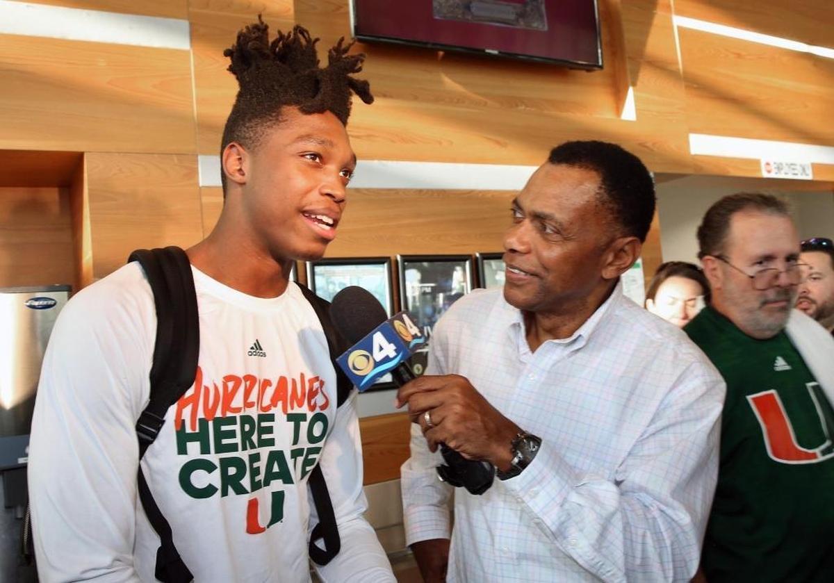 University of Miami freshman guard Lonnie Walker speaks to Jim Berry of Channel 4 at the NCAA basketball selection show viewing party at the Rathskeller on UM’s Coral Gables campus on Sunday, March 11, 2018, after the team was selected to play Loyola-Chicago of Illinois next Thursday in the first round of the South regional of the NCAA basketball tournament.