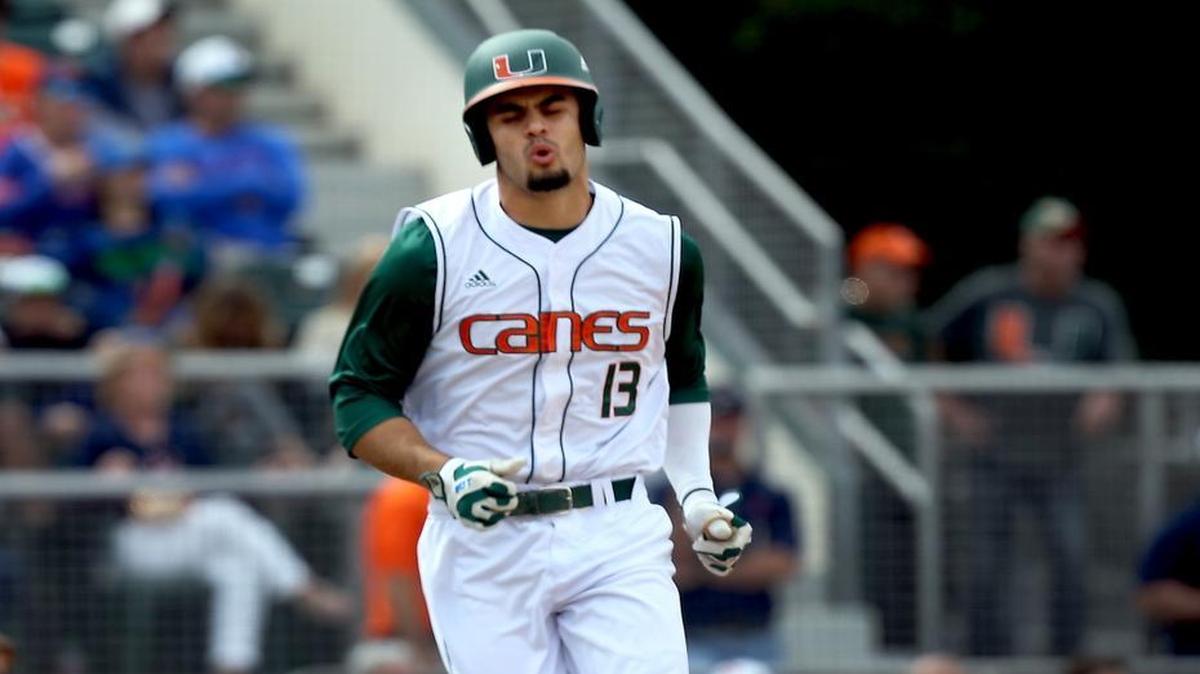 FILE PHOTO: Miami's #13 Willie Abreu grimaces as he flies out as the University of Miami baseball team plays the University of Florida on Sunday February 28, 2016.