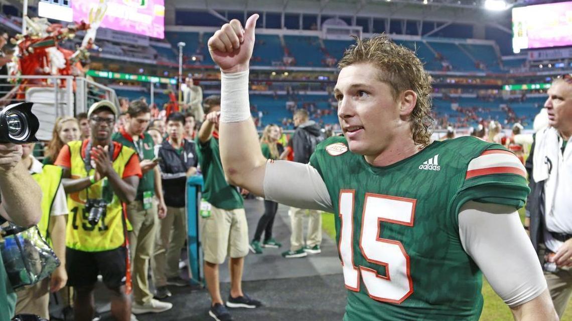 Miami Hurricaneskicker Michael Badgley gives a thumbs up towards the fans after kicking the winning field goal in the fourth quarter against Georgia Tech at Hard Rock Stadium on Saturday, October 14, 2017.