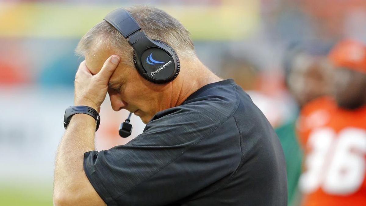 UM coach Mark Richt appears concerned as North Carolina drives down the field late in the third quarter and into the fourth quarter. But the Hurricanes eventually stopped the drive on four consecutive downs from the 1-yard line.