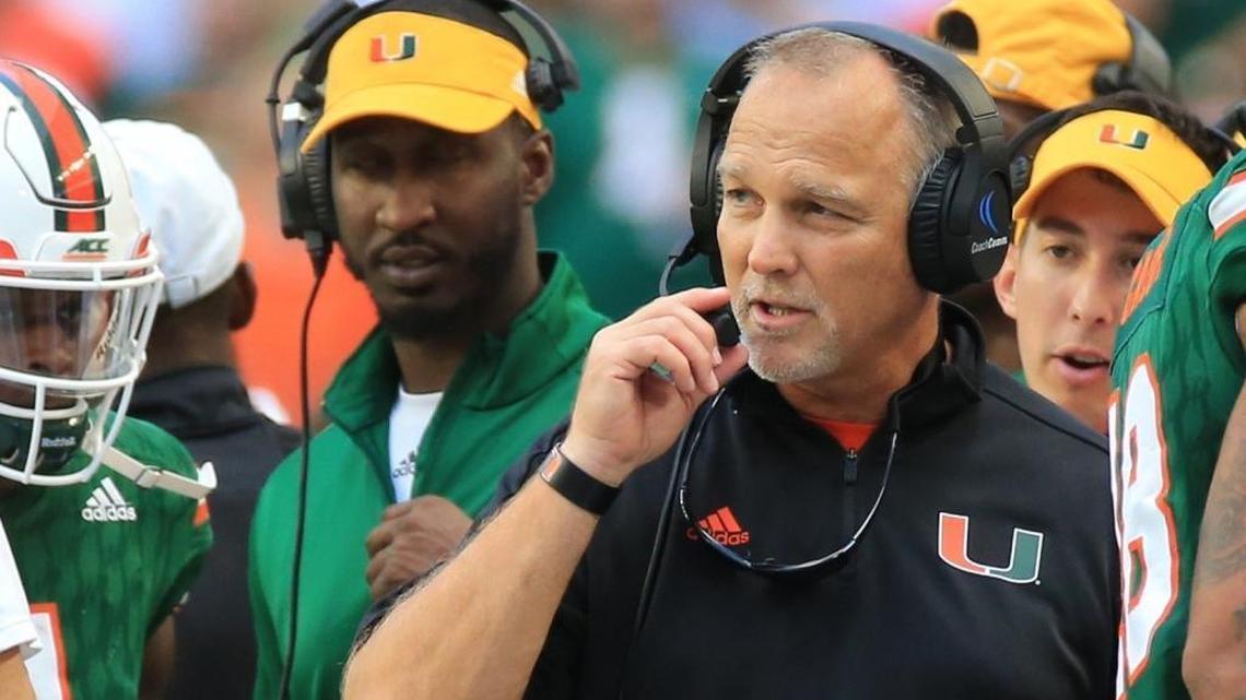 Miami Hurricanes head coach Mark Richt is seen on the sidelines in the second quarter as the University of Miami Hurricanes host the Virginia Cavaliers at Hard Rock Stadium on Nov. 18, 2017.