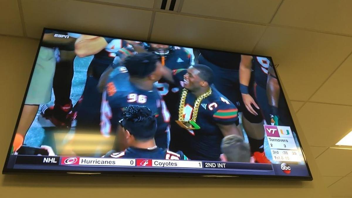 Jaquan Johnson is rewarded the turnover chain for one of his two forced turnovers on Saturday, Nov. 4, 2017, against Virginia Tech.