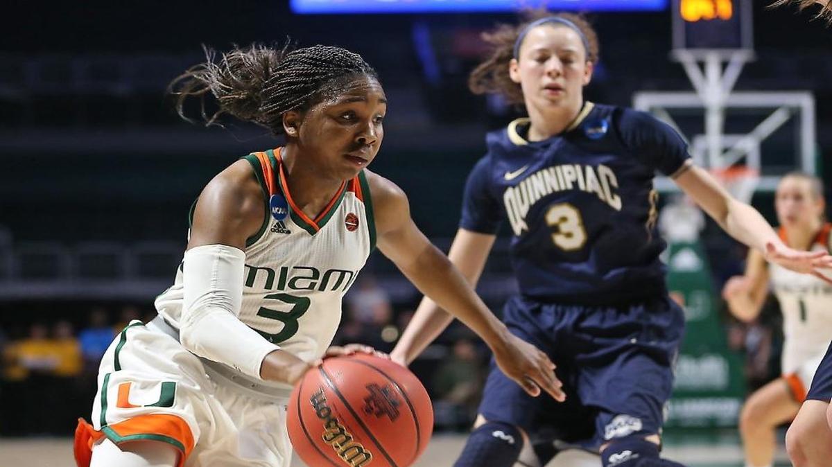 Miami's Jessica Thomas (3) drives to the basket as the University of Miami women's team hosts Quinnipiac University in the second round of the NCAA Tournament on Mon., March 20, 2017.