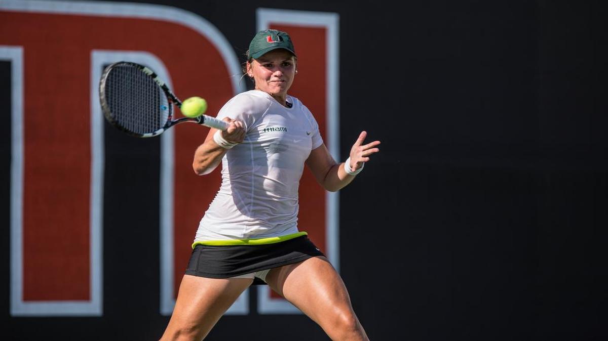 
Stephanie Wagner hits a foreheand en route to her 6-1, 7-5 victory over Julia Jones of Mississippi that clinched the match for the Hurricanes.
