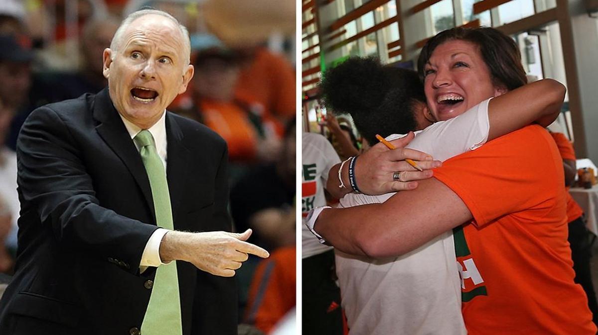 University of Miami basketball coaches Jim Larranaga, left, and Katie Meier both will have their team back in the NCAA Tournament this season after a three-year postseason absence for Larranaga and two for Meier.