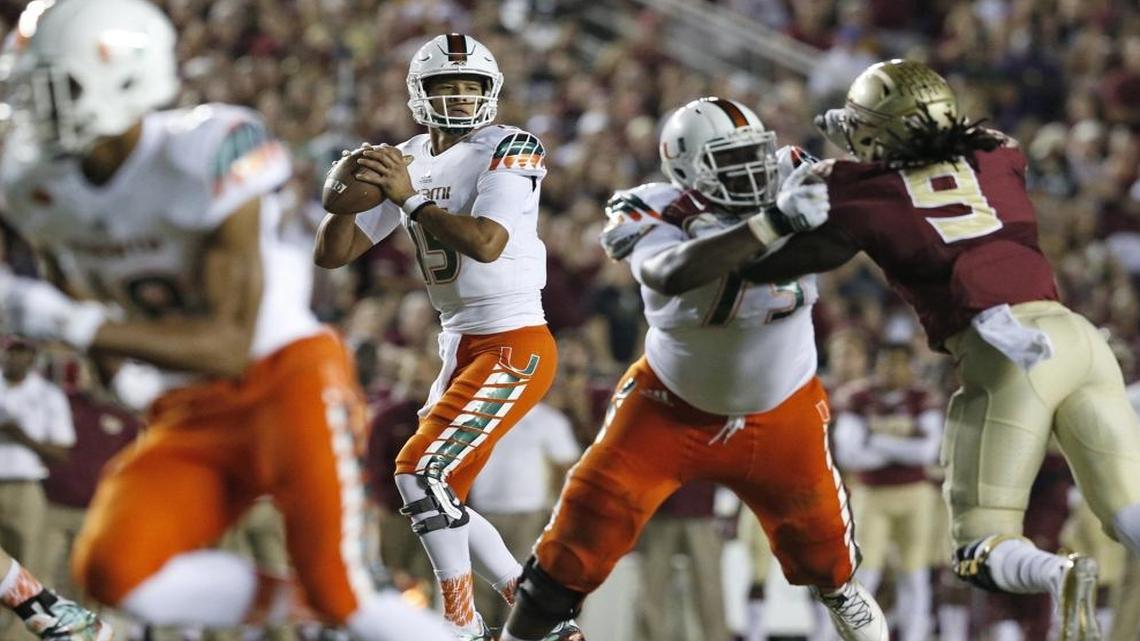 Miami Hurricanes quarterback Brad Kaaya (15) sets up to pass in the first quarter as Florida State University hosts the University of Miami at Doak Campbell Stadium in Tallahassee on Saturday, October 10, 2015.