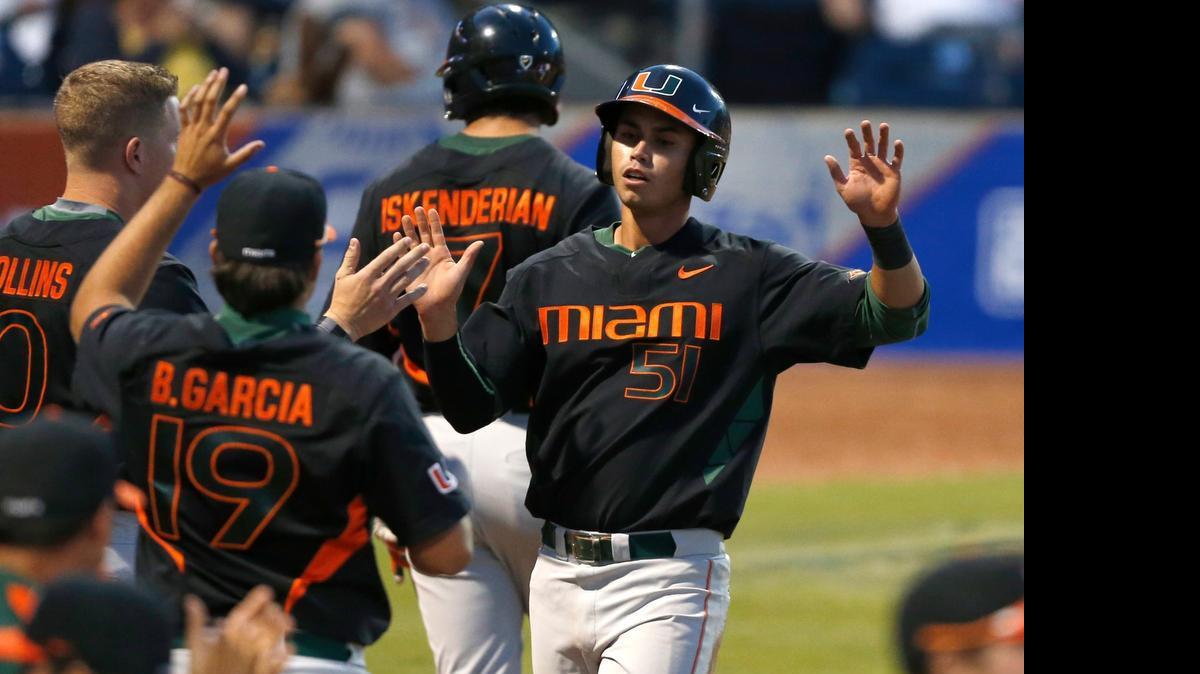 
Miami's Brandon Lopez (51) is congratulated after scoring in the fourth inning against North Carolina State' in the Atlantic Coast Conference baseball tournament in Durham, N.C., Friday, May 22, 2015. 
