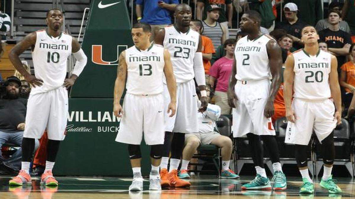 
Miami Hurricanes players wait to start again after a time out during the first half against Savannah State University at the BankUnited Center in Coral Gables on Dec. 8, 2014.
