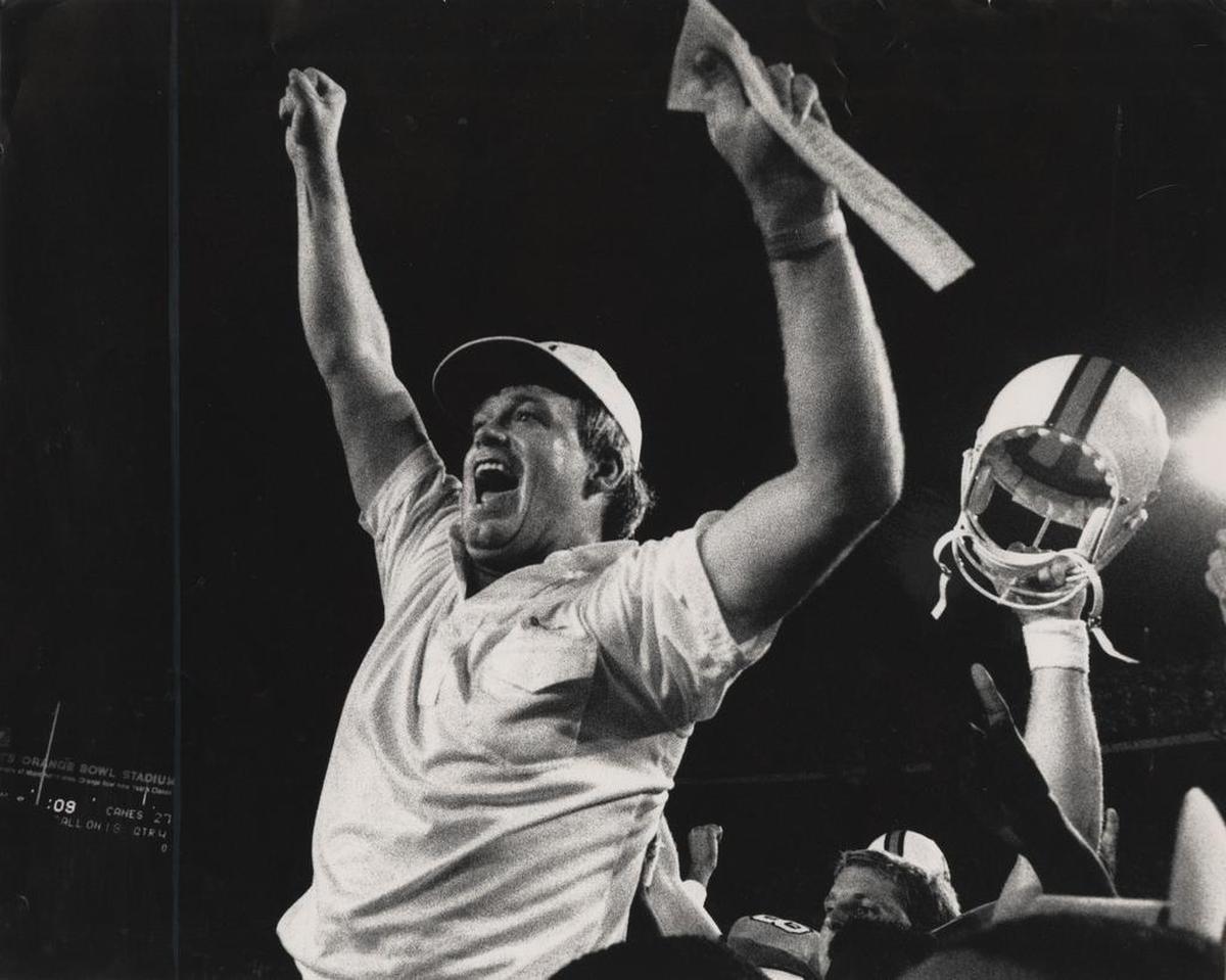 Coach Dennis Erickson of University of Miami rides the shoulders of his players after beating Notre Dame in 1989.