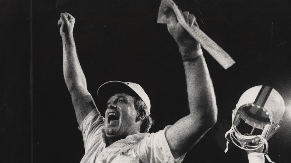 Former Miami coach Dennis Erickson, who was announced as being elected to the 2019 class of the College Football Hall of Fame, rides the shoulders of his UM players after beating Notre Dame in 1989.