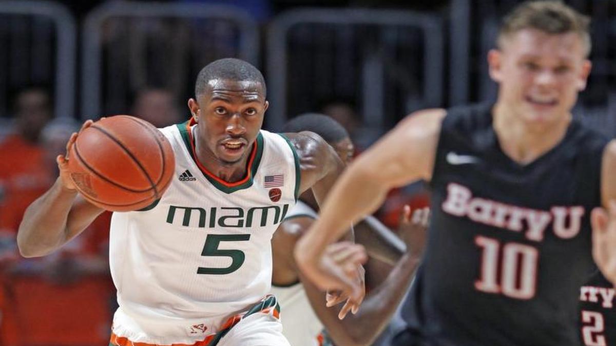 Miami Hurricanes guard Davon Reed (5) on a fast break in the first half as the University of Miami hosts Barry University in a men's basketball at the Watsco Center on Wed., Nov. 2, 2016.
