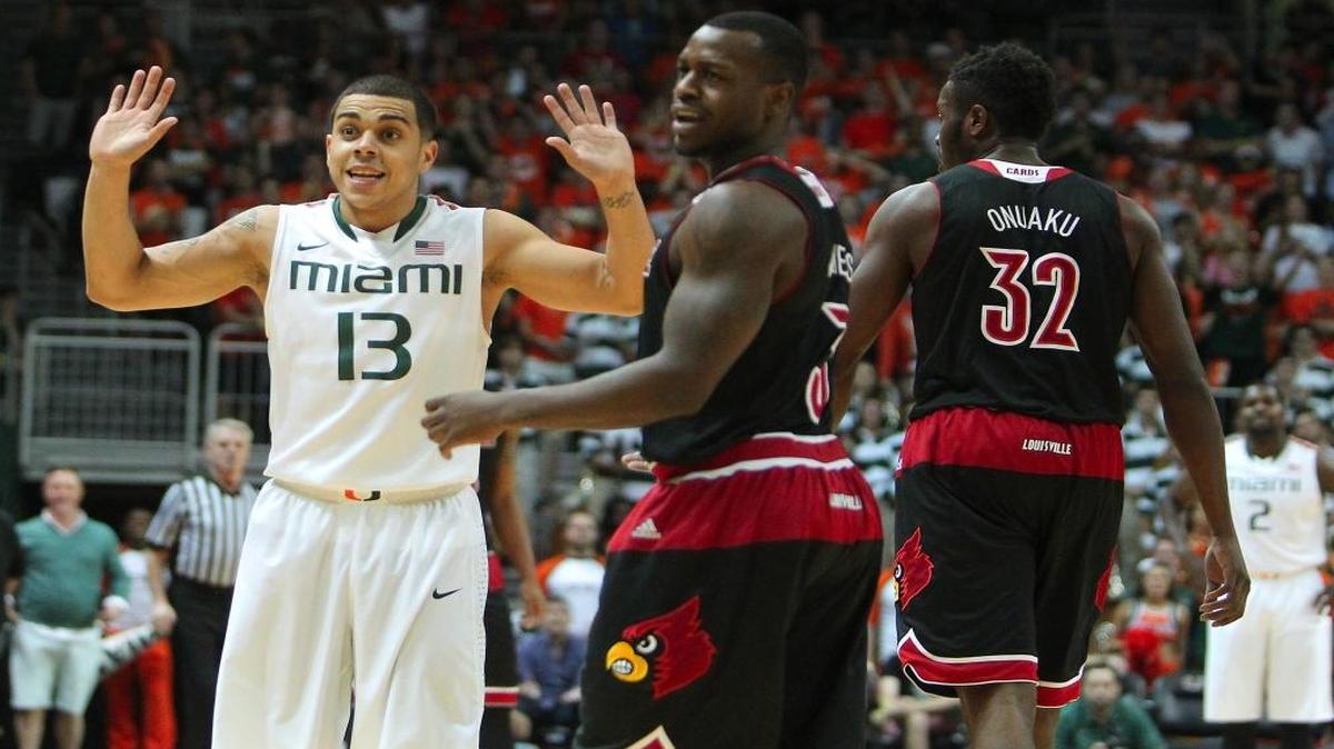 Miami Hurricanes guard Angel Rodriguez reacts after a play against Louisville at BankUnited Center in Coral Gables on Tuesday, February 3, 2015.