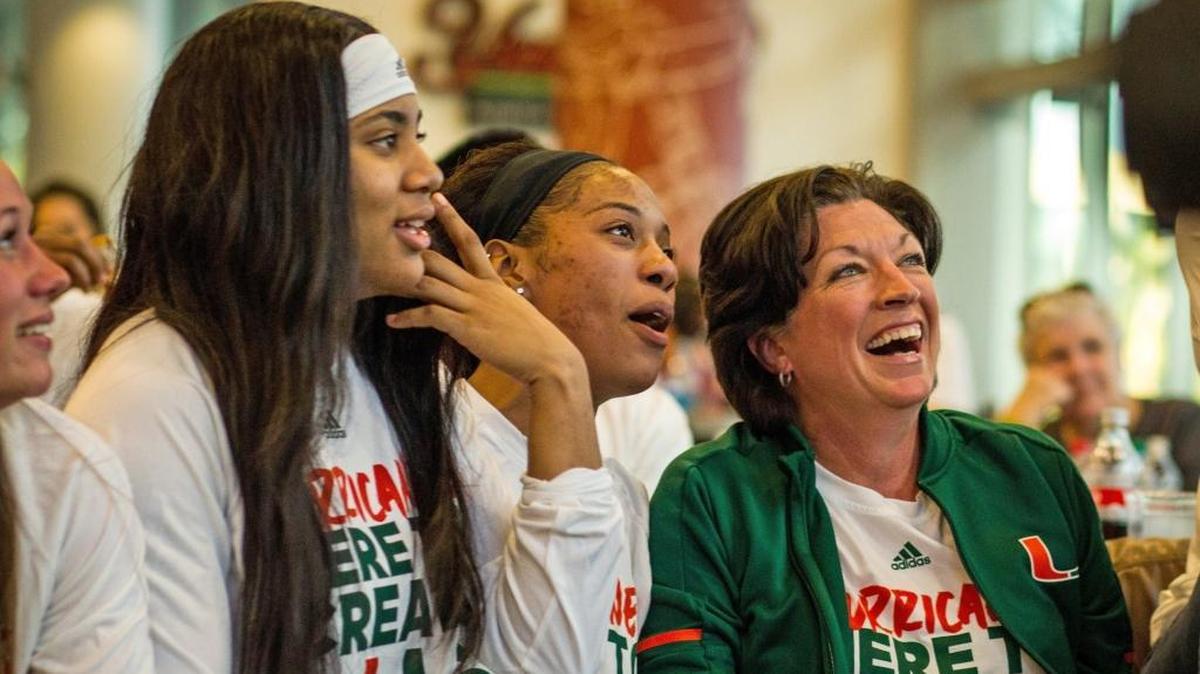 University of Miami women’s basketball coach Katie Meier (shown celebrating with players after an NCAA Tournament bid last year), celebrated again on Monday Feb. 11, 2019, after receiving the largest donation in program history -- a seven-figure endowed scholarship.
