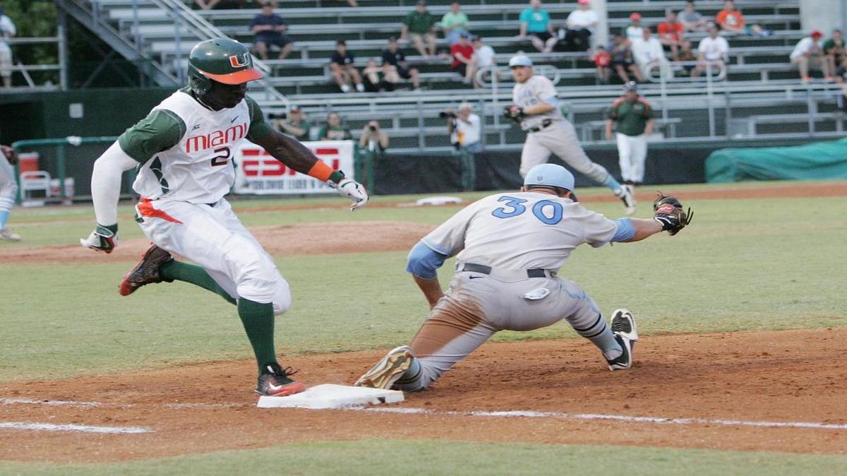 
Close call: UM’s Ricky Eusebio reaches first base during the Coral Gables regional game against Columbia on Sunday.
