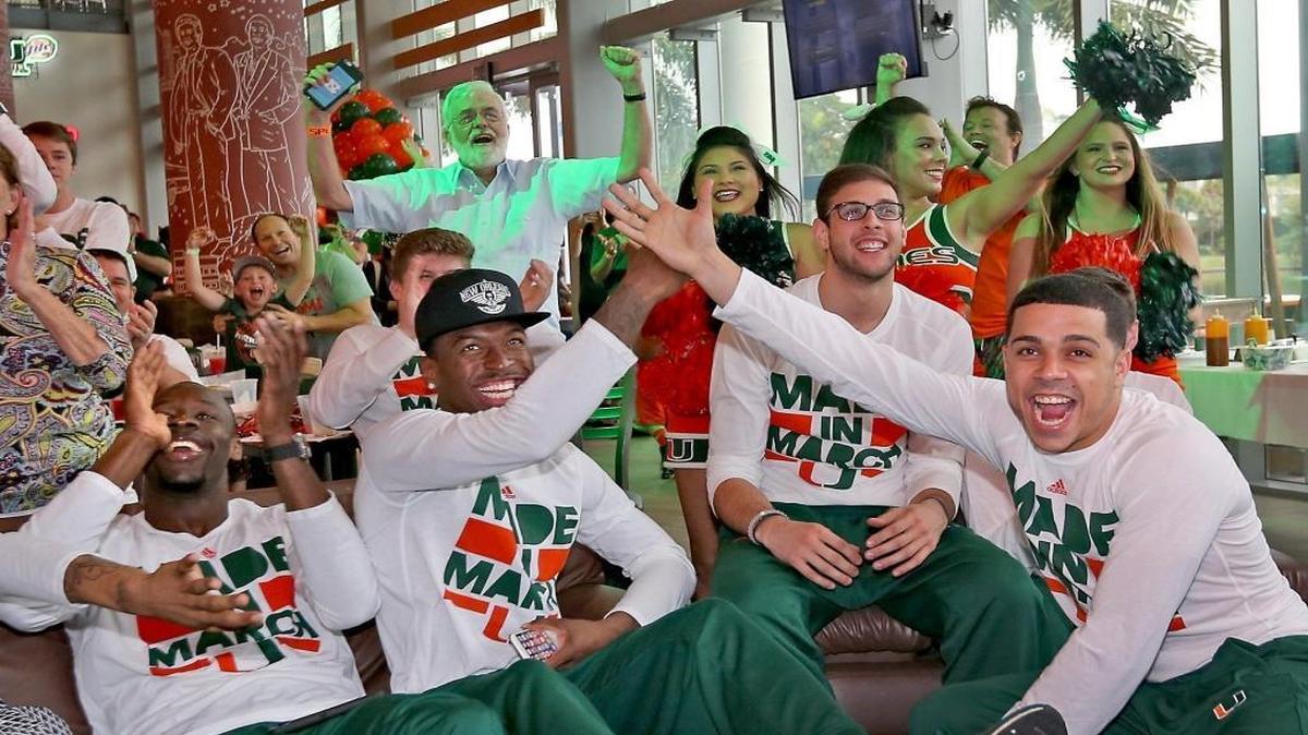 UM basketball players Tonye Jekiri, Sheldon McClellan, Ivan Cruz Uceda and Angel Rodriguez celebrate on Sunday, March 13, 2016, as the Miami Hurricanes found out they will be a No. 3 seed in the South Region of the NCAA tournament.