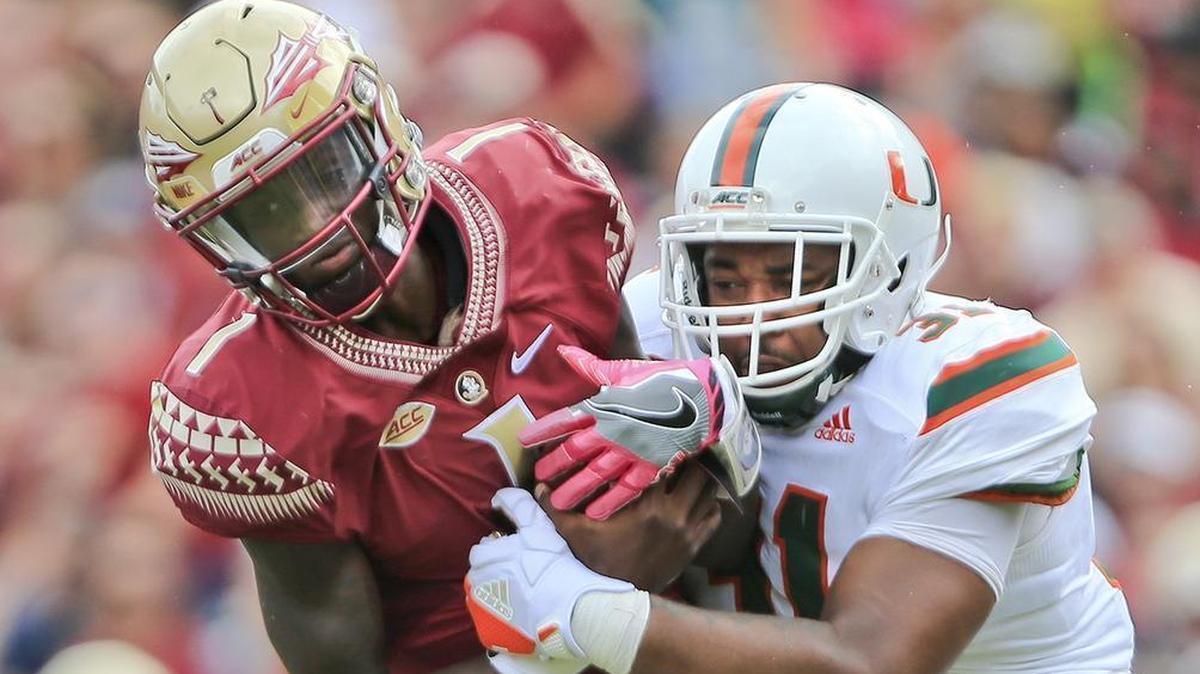 University of Miami defensive end Demetrius Jackson sacks Florida State quarterback James Blackman at Doak Campbell Stadium on Saturday, Oct. 7, 2017. Jackson missed the latter part of the 2017 season because of knee surgery, but he said he’s completely healthy  now and ready for 2018.