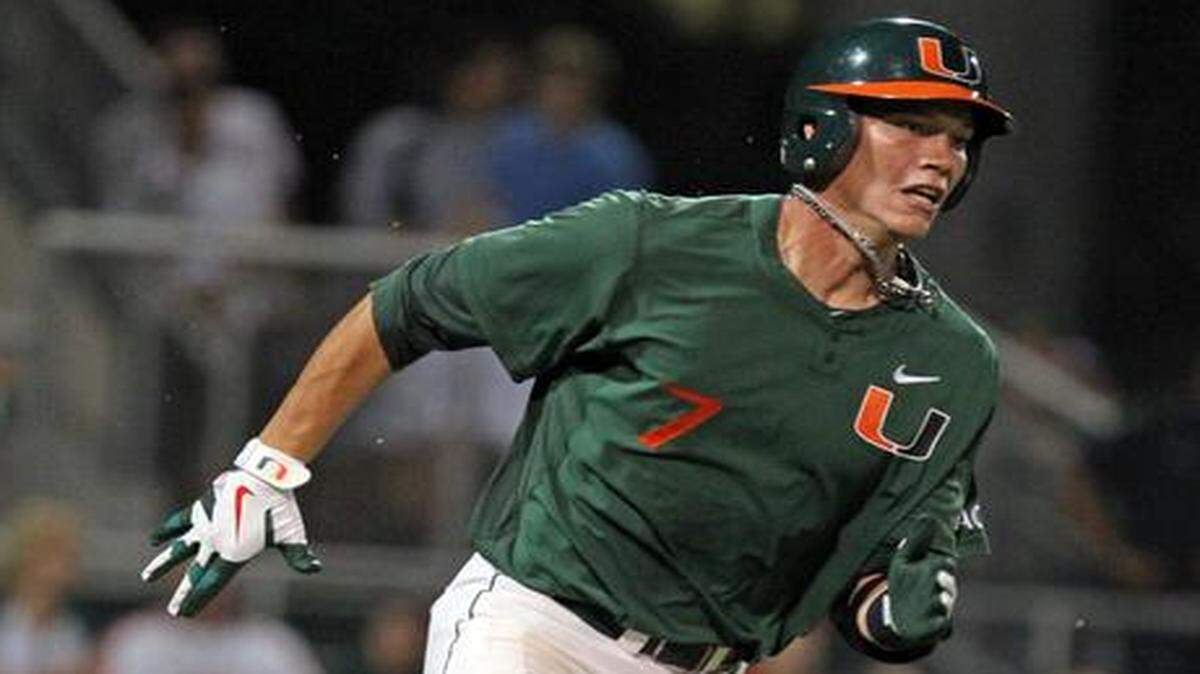 
UM’s Peter O’Brien singles against the Florida Gators at Alex Rodriguez Park at Mark Light Field in Coral Gables on Saturday, March 3, 2012.
