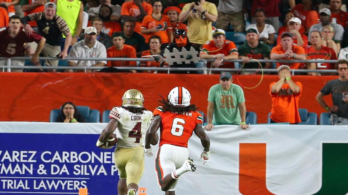 Florida State Seminoles running back Dalvin Cook scores a touchdown against Miami at Hard Rock Stadium on Saturday, October 8, 2016.
