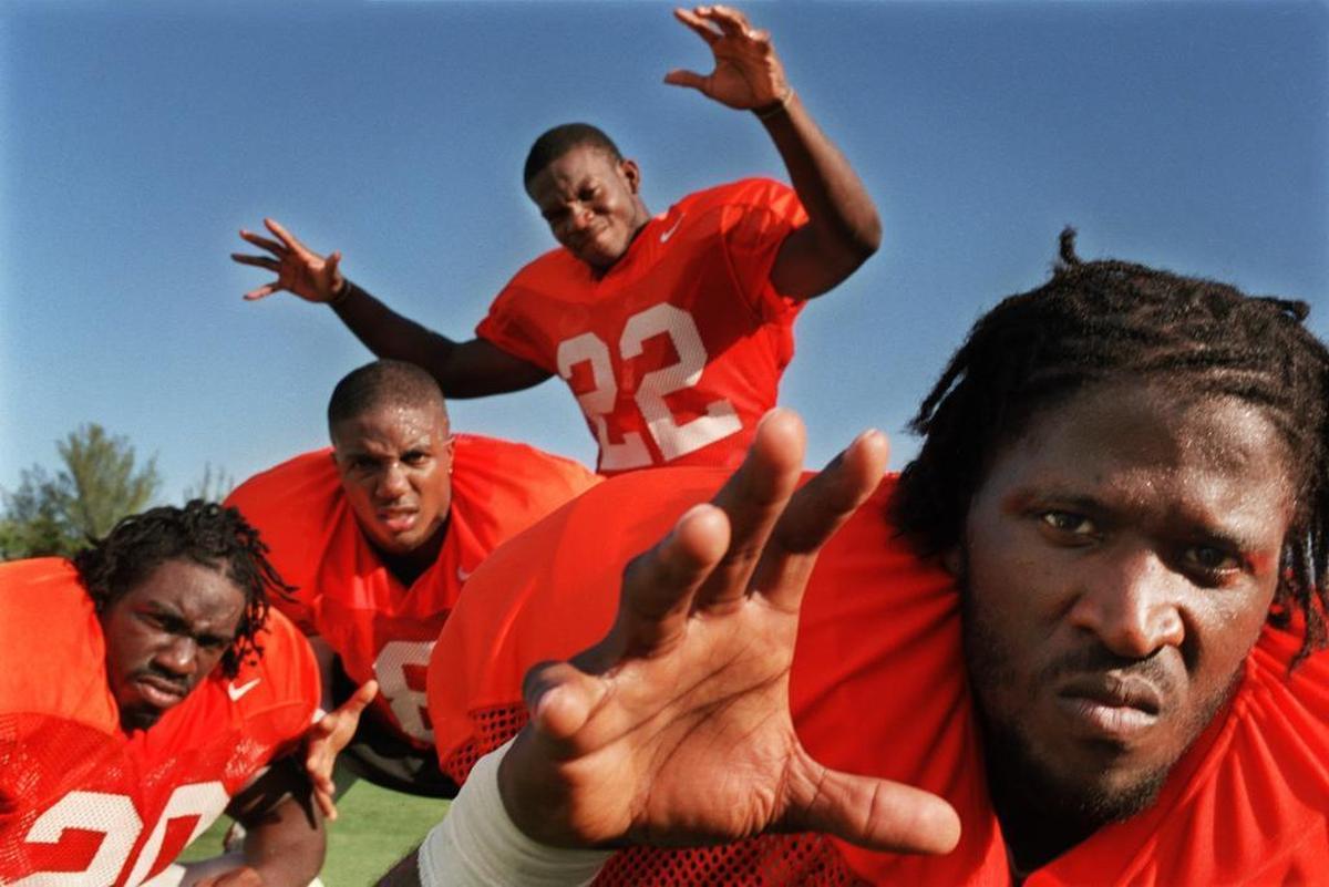 University of Miami defensive backs, from left, Edward Reed, Mike Rumph, Leonard Myers and Al Blades in 2000.