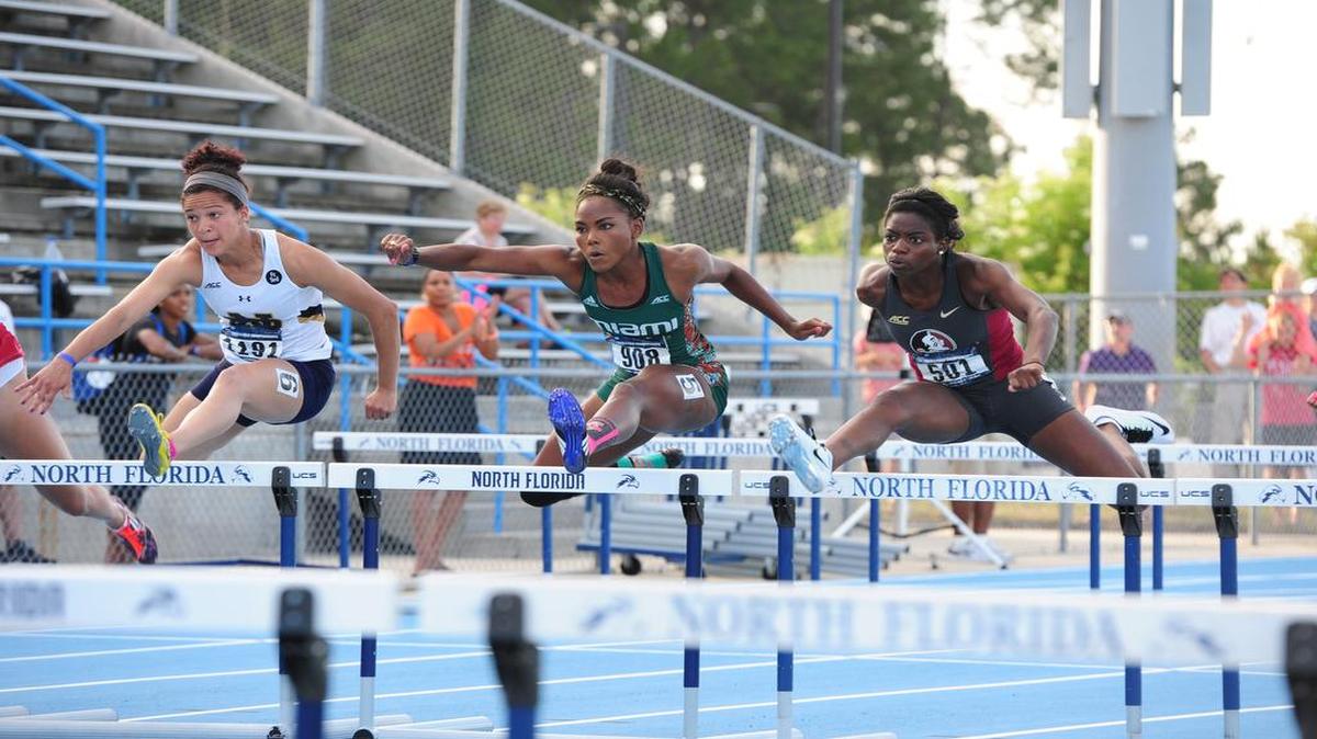 Hurricanes star Ebony Morrison, center, shattered the school record in the women’s 100-meter hurdles at the NCAA East Preliminary meet in Jacksonville on May 28, running a time of 12.76 seconds to solidify her spot in the U.S. Olympic Trials.