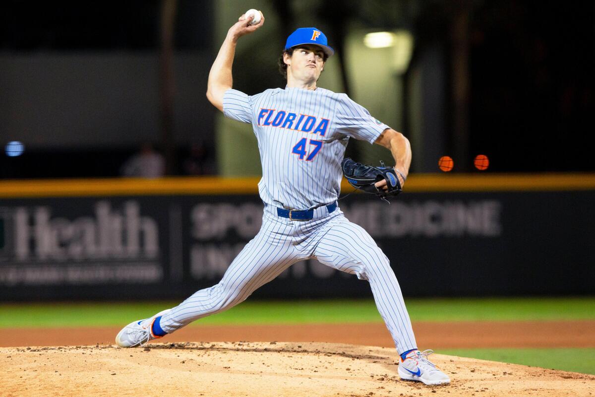 University of Florida right-handed pitcher Tommy Mace (47) throws a pitch during the first inning of a baseball game against University of Miami at Alex Rodriguez Park in Coral Gables, Florida on Friday, February 21, 2020.