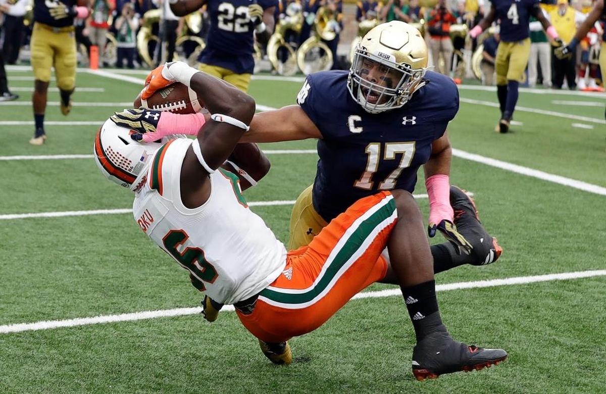 Miami 's David Njoku (86) makes 2-yard touchdown reception while defended by Notre Dame 's James Onwualu (17) during the first half of an NCAA college football game Saturday, Oct. 29, 2016, in South Bend, Ind.