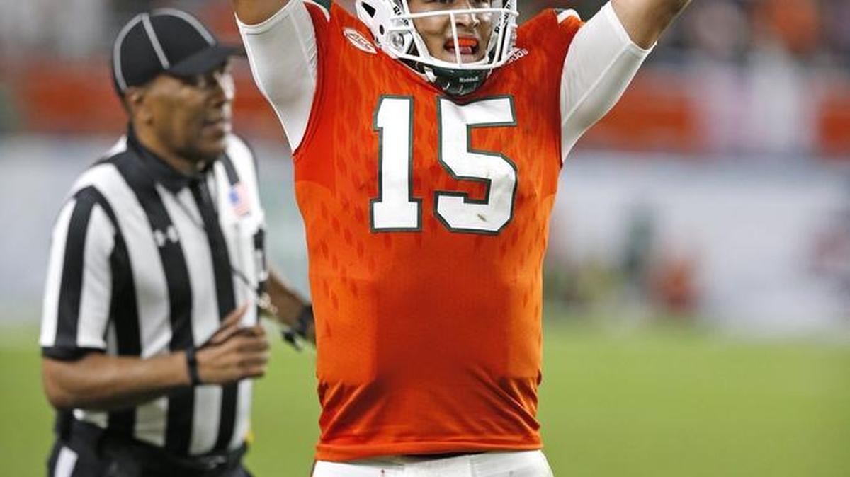 Miami Hurricanes quarterback Brad Kaaya celebrates tight end David Njoku touchdown against Duke at Hard Rock Stadium in Miami Gardens on Saturday, November 26, 2016