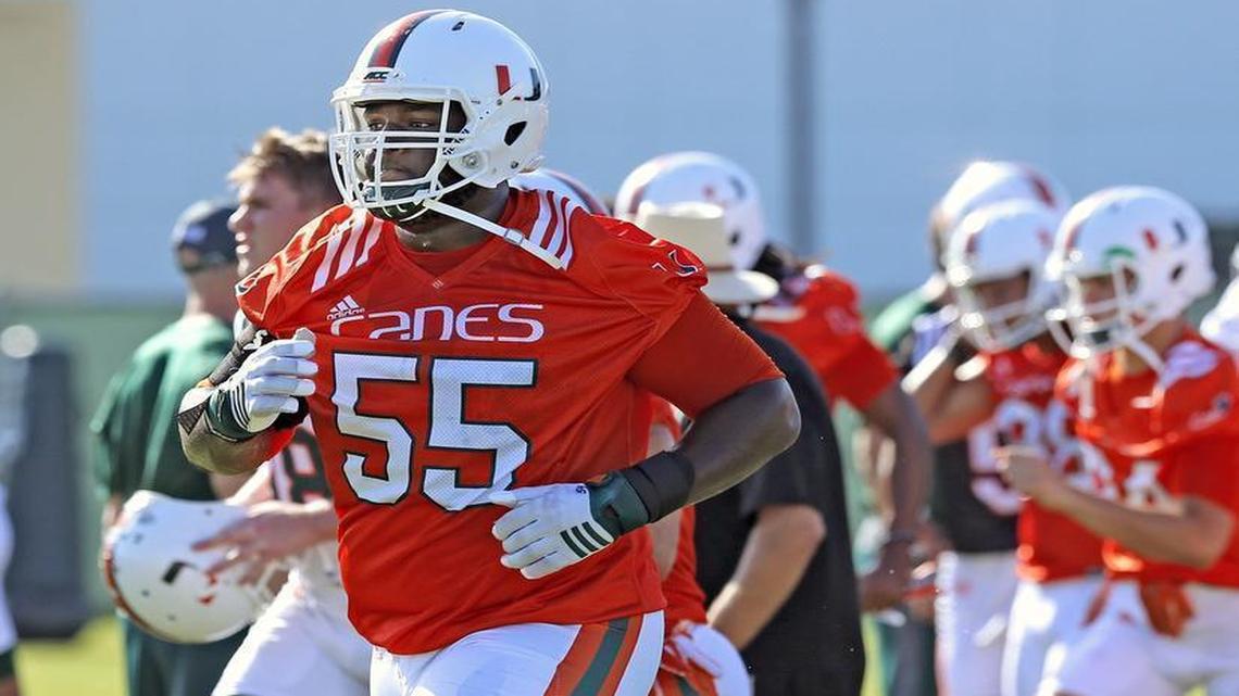 Offensive lineman Navaughn Donaldson (55) runs during the second day of University of Miami football camp at Greentree Field on Wednesday, Aug. 2, 2017.