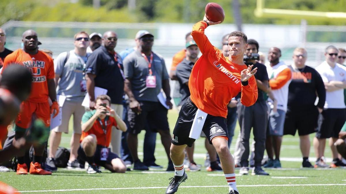 Quarterback Brad Kaaya throws during the University of Miami's annual Pro Day, where outgoing UM players perform for dozens of NFL coaches and general managers and scouts at Greentree Practice Fields on March 29, 2017.