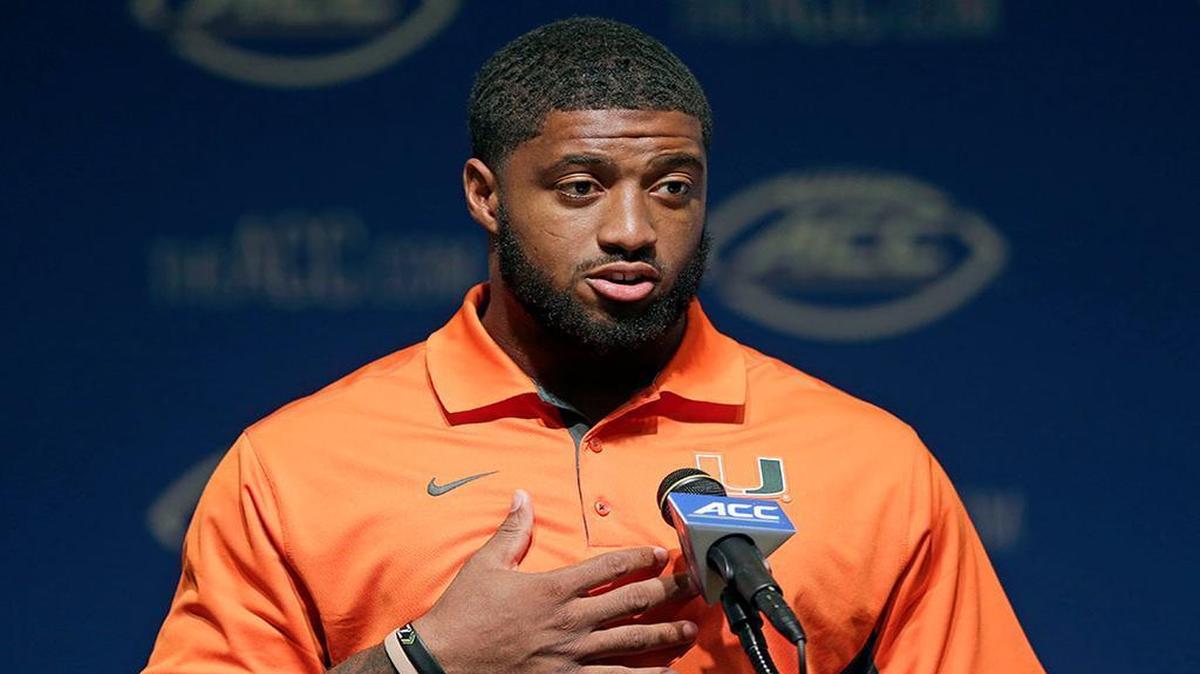 
Miami's Raphael Kirby responds to questions during the ACC NCAA college football kickoff in Pinehurst, N.C. on July 20, 2015.
