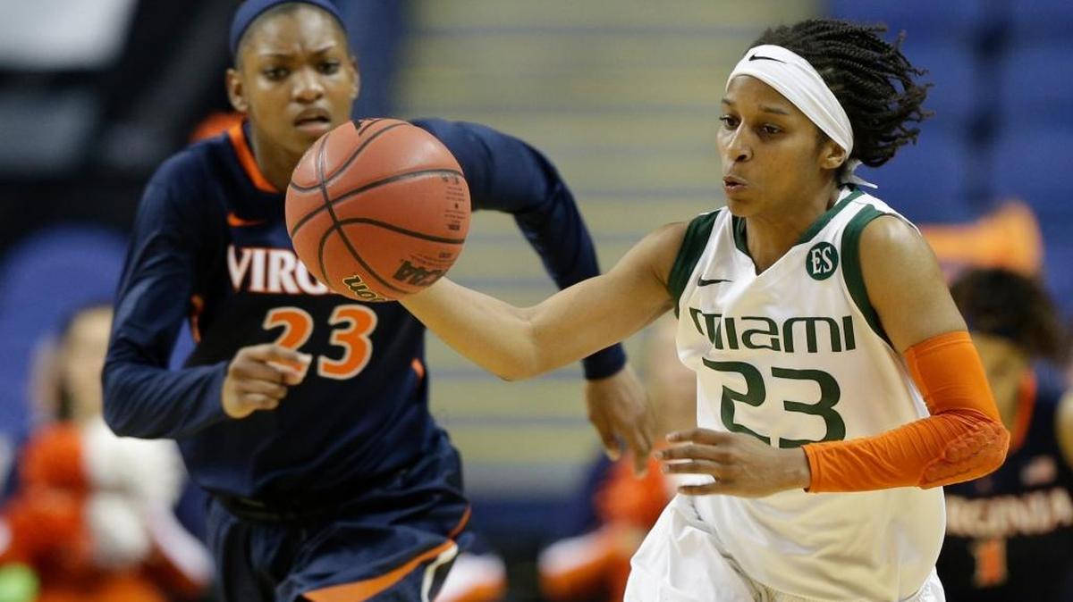 UM’s Adrienne Motley, right, is shown against Virginia last season.