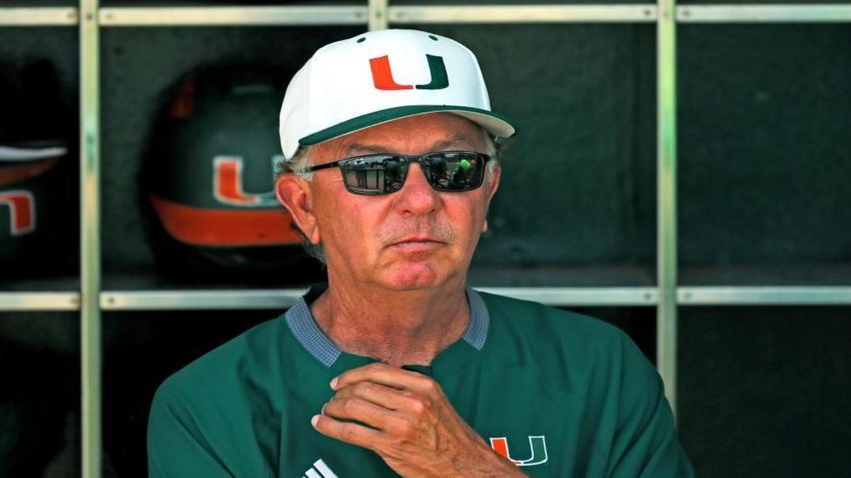 Miami head coach Jim Morris in the dug out as the University of Miami hosts Virginia Tech at Alex Rodriguez Park at Mark Light Field on Sat., May 20, 2017.
