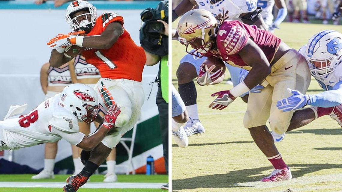 University of Miami running back Mark Walton, left, thriving in coach Mark Richt’s rush-first offense, hopes to be Florida State’s nemesis the same way Dalvin Cook has foiled UM the past two seasons with game-winning touchdowns in the annual rivalry.