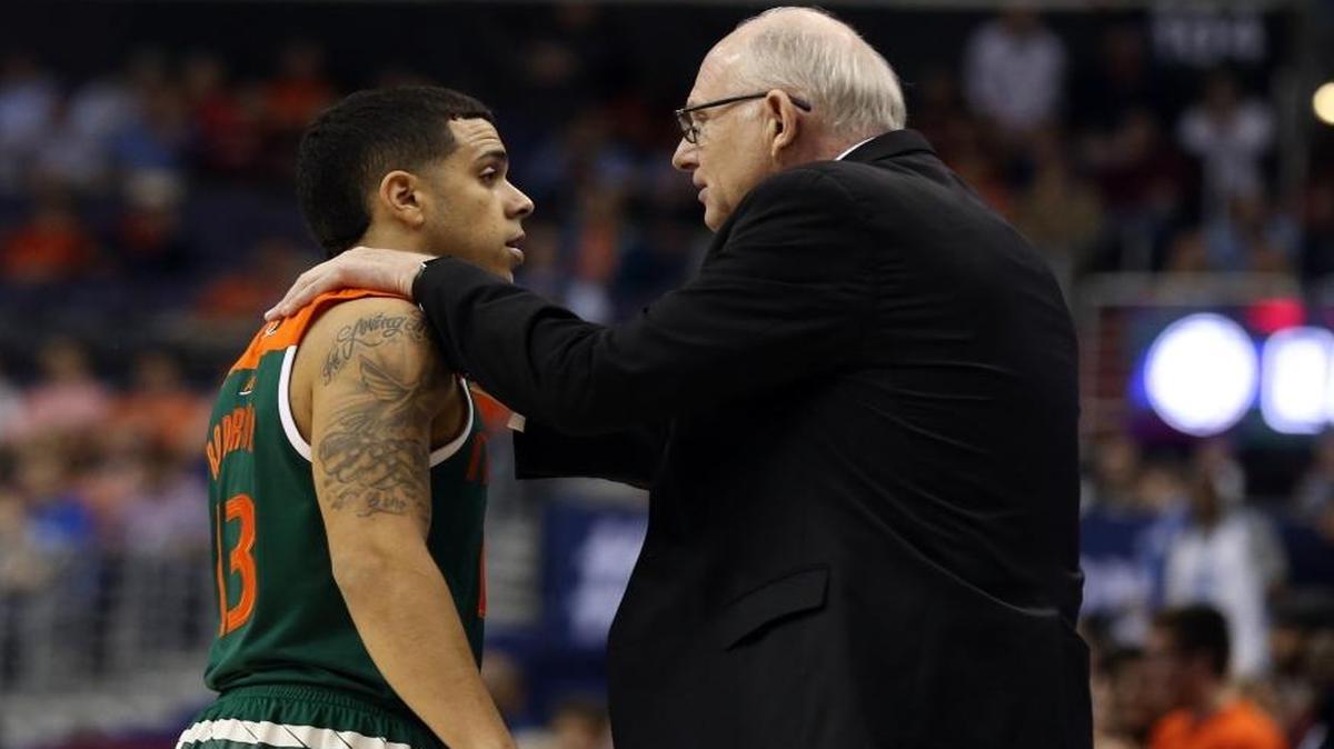 UM coach Jim Larrañaga talks with Angel Rodriguez during a game against Virginia’s in the semifinals of the 2016 ACC Tournament at the Verizon Center in Washington, D.C., Friday, March 11, 2016.