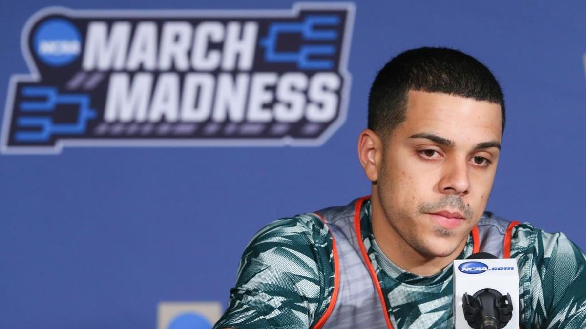 UM guard Angel Rodriguez answers questions for the media at Dunkin Donuts Arena in Providence, Rhode Island, on Friday, March 18, 2016. UM takes on Wichita State on Saturday for a spot in the Sweet 16.