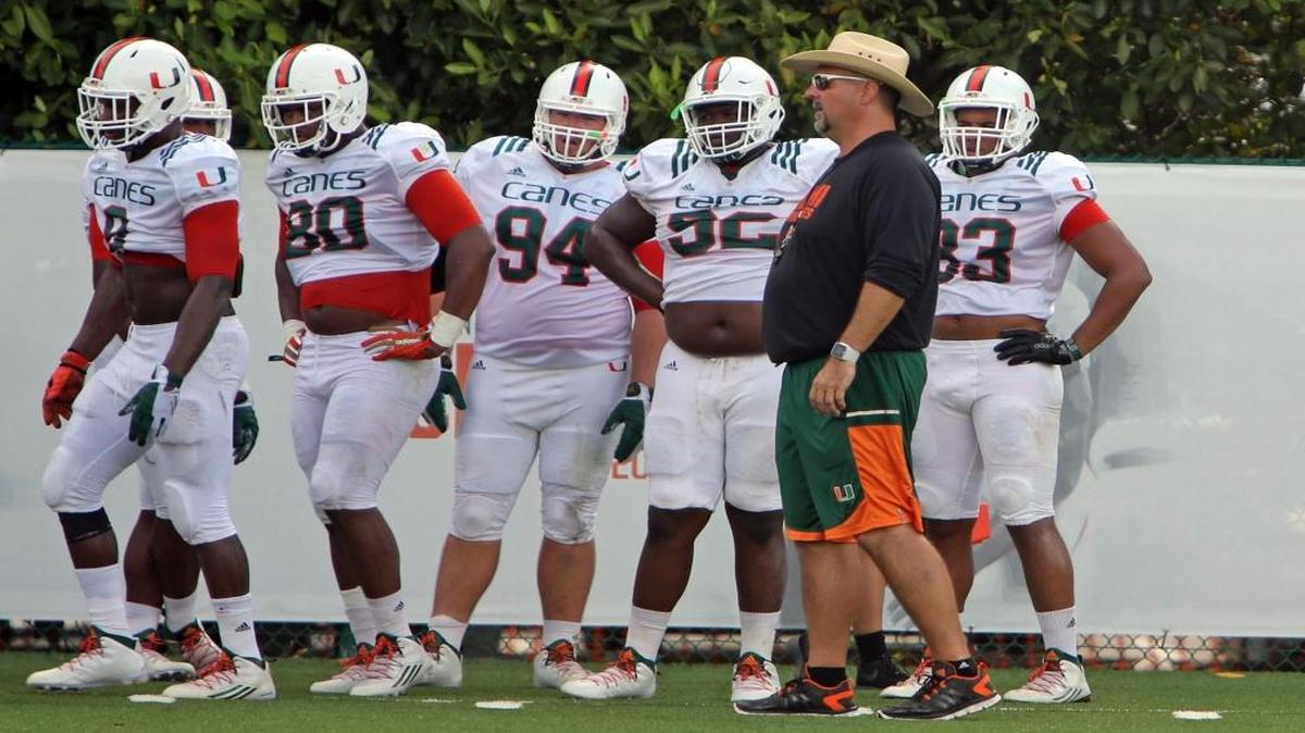 University of Miami defensive line football coach Craig Kuligowski works with the team during practice on Mon., Aug. 15 , 2016.