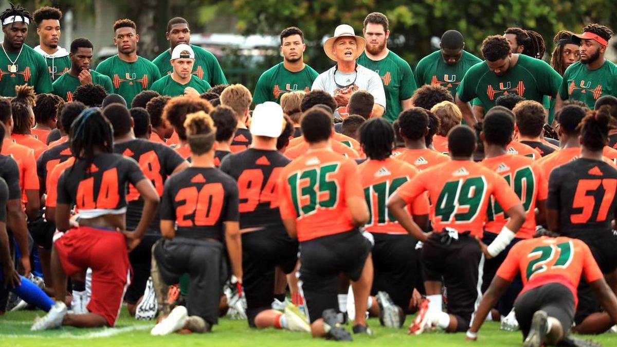 UM coach Mark Richt speaks to high school recruits at UM’s Paradise Camp. The camp draws some of the top football recruits (11th and 12th graders) in the nation -- and some of the legends of UM’s past to serve as instructors at the Intramural Fields. Shown here is the 2017 Paradise Camp. The 2018 camp is Saturday, July 28.
