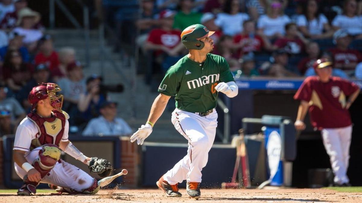 University of Miami junior outfielder Willie Abreu follows through on a swing during Saturday’s loss against Florida State in the Atlantic Coast Conference tournament.