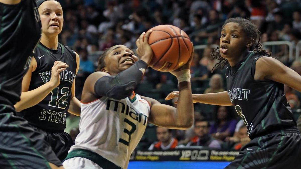 The 14th-ranked University of Miami women’s basketball team plays undefeated No. 15 Virginia Tech at home on Wednesday, and senior guard Jessica Thomas (3) is pumped.