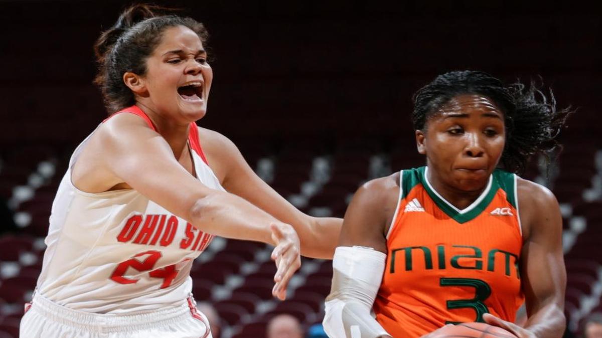 Ohio State Buckeyes forward Makayla Waterman (24) misses on a steal attempt against Miami Hurricanes guard Jessica Thomas (3) during the first half of a NCAA women's basketball game between the Ohio State Buckeyes and the Miami Hurricanes on Thurs., Dec. 1, 2016 at Value City Arena in Columbus, Ohio.