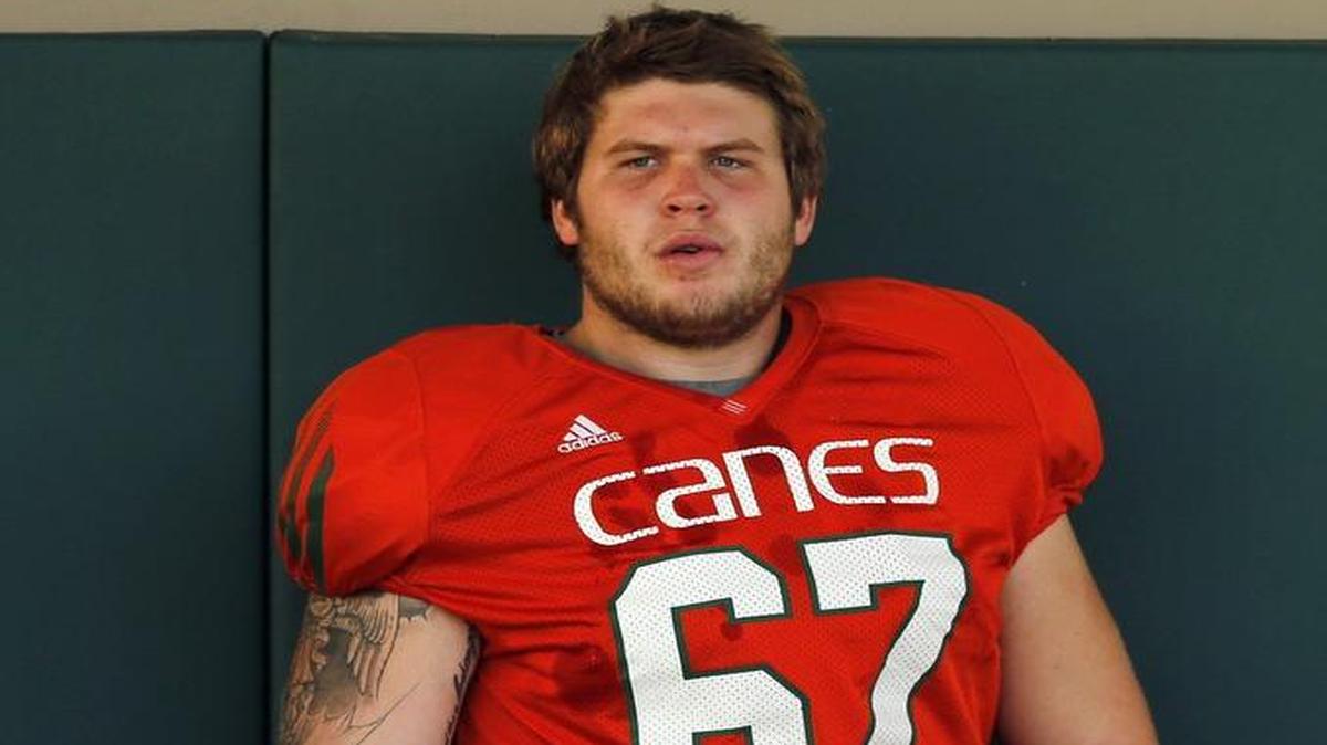 
University of Miami offensive lineman Alex Gall during practice at on Tuesday, August 25, 2015 at Greentree Field.
