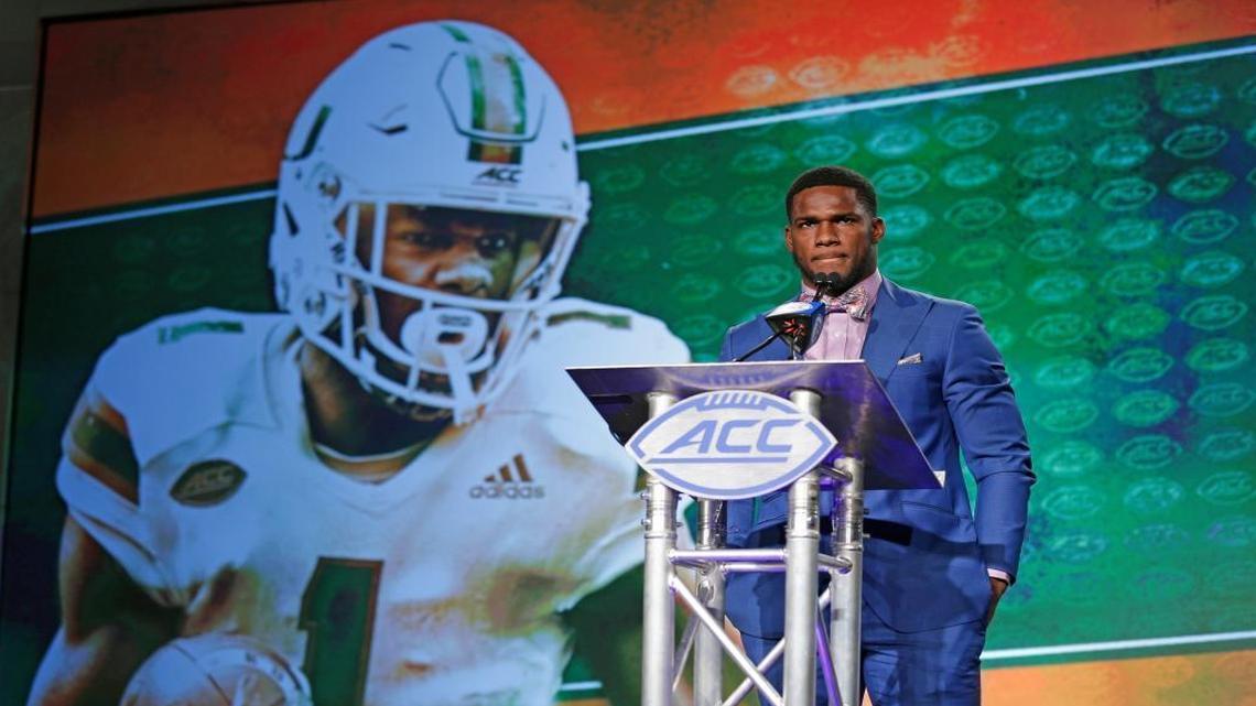 Miami's Mark Walton speaks to the media during the Atlantic Coast Conference NCAA college football media day in Charlotte, N.C., Friday, July 14, 2017.