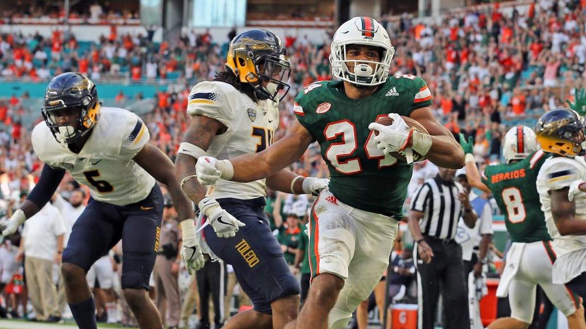 University of Miami running back Travis Homer replaced starter Mark Walton (ankle) and scored two touchdowns against the Toledo Rockets at Hard Rock on Saturday, Sept. 23, 2017. The Canes meet Toledo in Ohio on Saturday, Sept. 15, 2018.